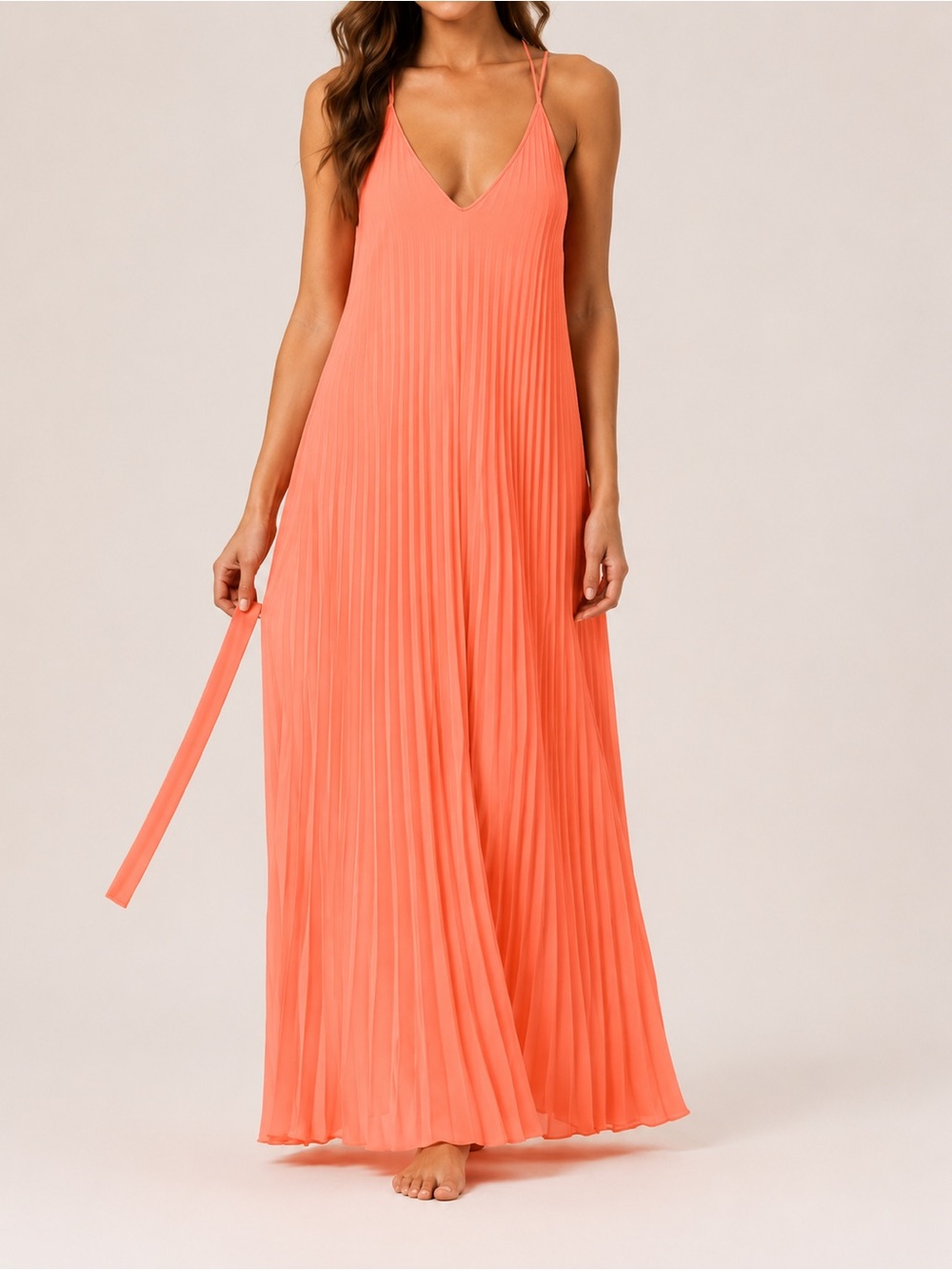 Victoria's Secret Coral knife Pleated V-Neck Maxi Dress size large